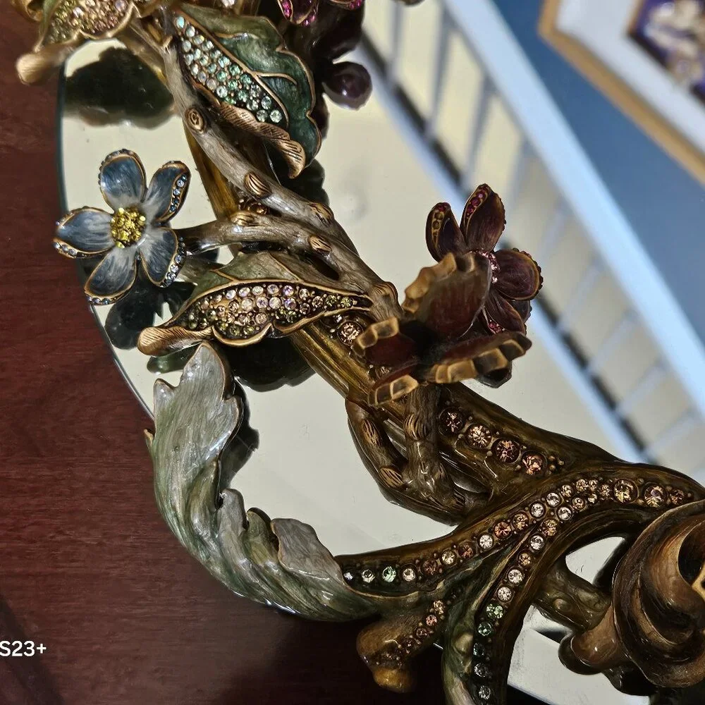 RARE JAY STRONGWATER FLORA & FAUNA CRYSTAL ENAMEL MIRROR VANITY BATH TRAY OBJET
